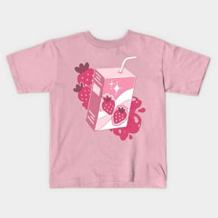 The cute pink strawberry milk in carton with some berries Kids T-Shirt